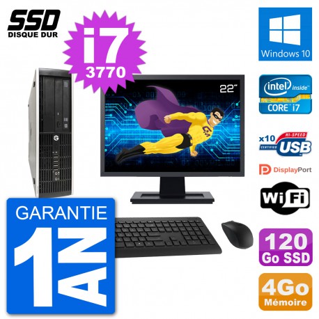 PC HP Compaq Pro 6300 SFF Ecran 22" i7-3770 RAM 4Go SSD 120Go Windows 10 Wifi