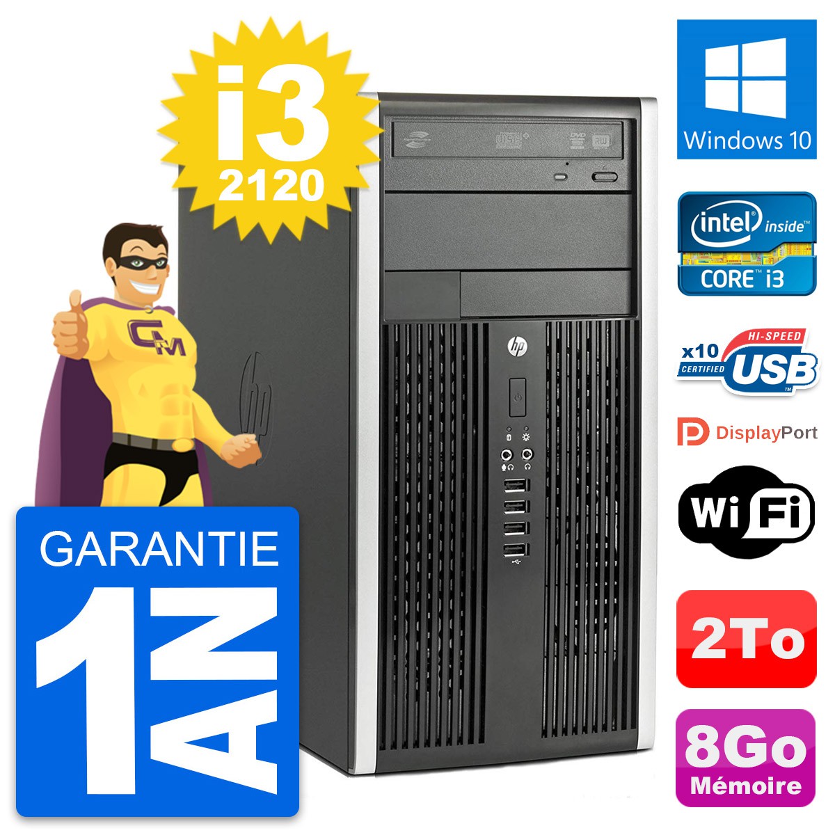 Unité Centrale Hp Pc compaq pro 6300 sff intel i3-2120 ram 4go disque dur 1to windows 10 wifi