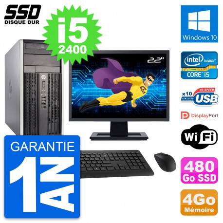 PC Tour HP 6300 CMT Ecran 22" Intel i5-2400 RAM 4Go SSD 480Go Windows 10 Wifi