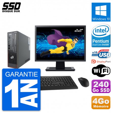 Mini PC Fujitsu C720 SFF Ecran 22" Intel G3220 RAM 4Go SSD 240Go Windows 10 Wifi