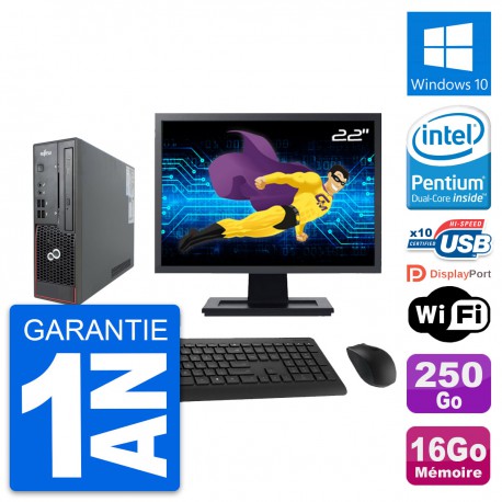 Mini PC Fujitsu C720 SFF Ecran 22" G3220 RAM 16Go Disque 250Go Windows 10 Wifi