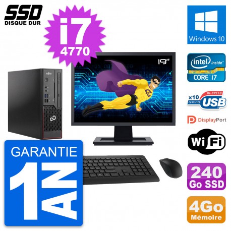 Mini PC Fujitsu C720 SFF Ecran 19" i7-4770 RAM 4Go SSD 240Go Windows 10 Wifi