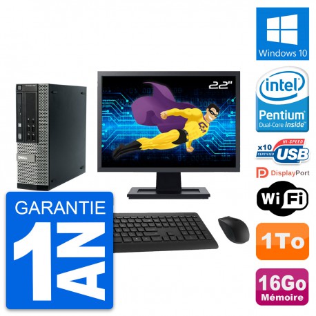 PC Dell 990 SFF Ecran 22" Intel G840 RAM 16Go Disque Dur 1To Windows 10 Wifi