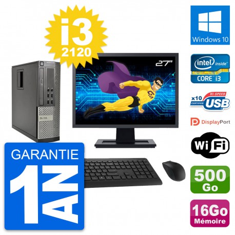 PC Dell 990 SFF Ecran 27" Intel i3-2120 RAM 16Go Disque 500Go Windows 10 Wifi