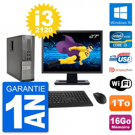 PC Dell 990 SFF Ecran 27" Intel i3-2120 RAM 16Go Disque Dur 1To Windows 10 Wifi