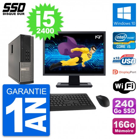 PC Dell 990 SFF Ecran 19" Intel i5-2400 RAM 16Go SSD 240Go Windows 10 Wifi