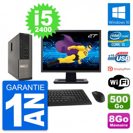 PC Dell 990 SFF Ecran 27" Intel i5-2400 RAM 8Go Disque Dur 500Go Windows 10 Wifi