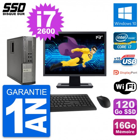 PC Dell 990 SFF Ecran 19" Intel i7-2600 RAM 16Go SSD 120Go Windows 10 Wifi