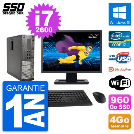 PC Dell OptiPlex 990 SFF Ecran 22" i7-2600 RAM 4Go SSD 960Go Windows 10 Wifi