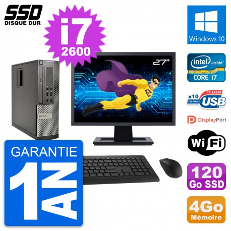 PC Dell OptiPlex 990 SFF Ecran 27" i7-2600 RAM 4Go SSD 120Go Windows 10 Wifi