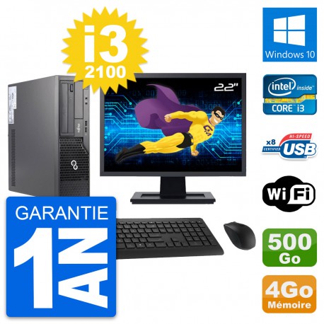 PC Fujitsu E500 DT Ecran 22" Intel i3-2100 RAM 4Go Disque 500Go Windows 10 Wifi