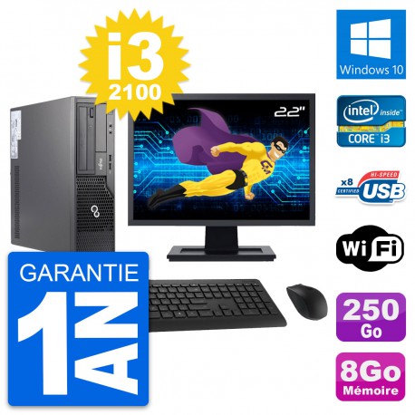 PC Fujitsu E500 DT Ecran 22" Intel i3-2100 RAM 8Go Disque 250Go Windows 10 Wifi