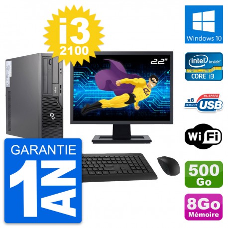 PC Fujitsu E500 DT Ecran 22" Intel i3-2100 RAM 8Go Disque 500Go Windows 10 Wifi
