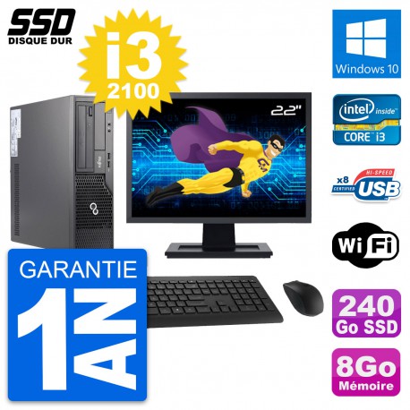 PC Fujitsu E500 E85+ DT Ecran 22" i3-2100 RAM 8Go SSD 240Go Windows 10 Wifi