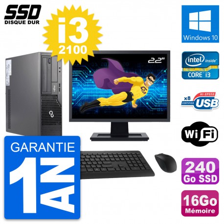 PC Fujitsu E500 E85+ DT Ecran 22" i3-2100 RAM 16Go SSD 240Go Windows 10 Wifi