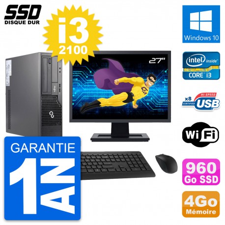 PC Fujitsu E500 E85+ DT Ecran 27" i3-2100 RAM 4Go SSD 960Go Windows 10 Wifi