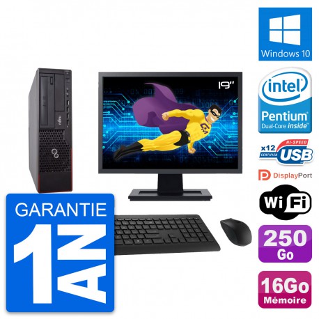 PC Fujitsu E700 DT Ecran 19" Intel G630 RAM 16Go Disque 250Go Windows 10 Wifi