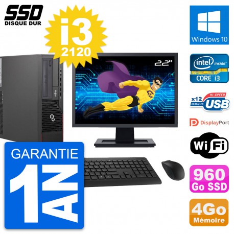 PC Fujitsu E700 E90+ DT Ecran 22" Core i3-2120 RAM 4Go SSD 960Go Windows 10 Wifi