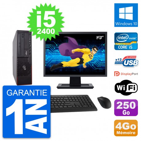 PC Fujitsu E700 DT Ecran 19" Intel i5-2400 RAM 4Go Disque 250Go Windows 10 Wifi