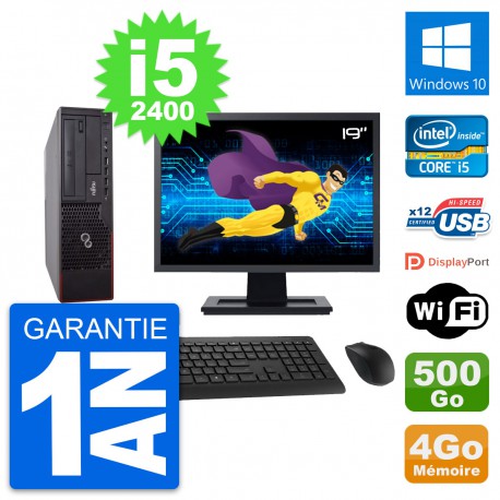 PC Fujitsu E700 DT Ecran 19" Intel i5-2400 RAM 4Go Disque 500Go Windows 10 Wifi