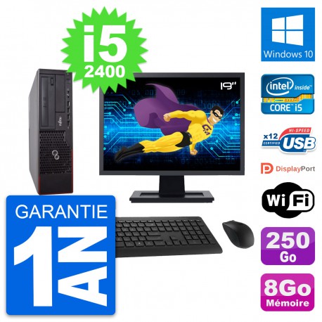 PC Fujitsu E700 DT Ecran 19" Intel i5-2400 RAM 8Go Disque 250Go Windows 10 Wifi