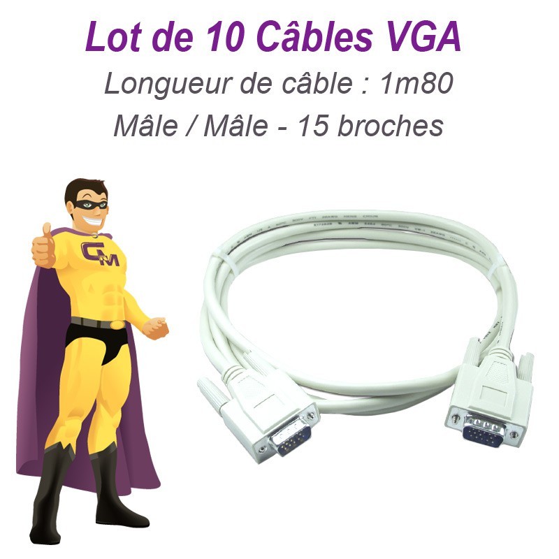 Lot x10 Câbles VGA SUBD 15 broches MâleMâle 1m80 Ecran PC