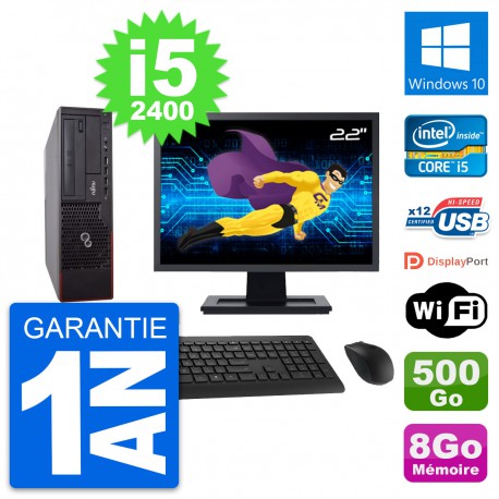 PC Fujitsu E700 DT Ecran 22" Intel i5-2400 RAM 8Go Disque 500Go Windows 10 Wifi