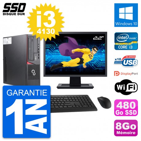 PC Fujitsu E720 E85+ DT Ecran 22" Core i3-4130 RAM 8Go SSD 480Go Windows 10 Wifi