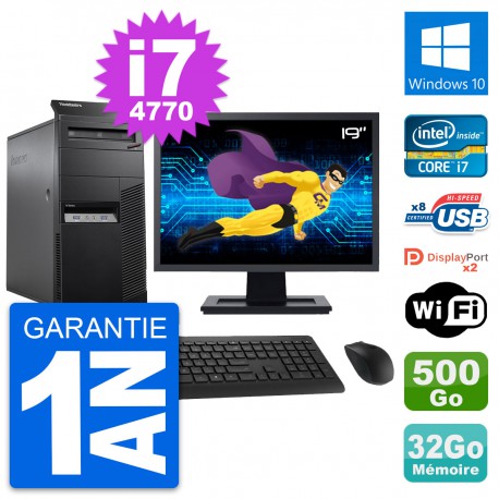 PC Tour Lenovo M83 Ecran 19" Intel i7-4770 RAM 32Go Disque 500Go Windows 10 Wifi