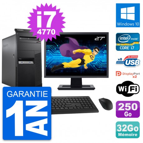 PC Tour Lenovo M83 Ecran 27" Intel i7-4770 RAM 32Go Disque 250Go Windows 10 Wifi