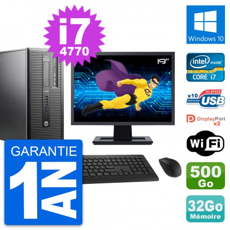 PC Tour HP 600 G1 Ecran 19" Intel i7-4770 RAM 32Go Disque 500Go Windows 10 Wifi
