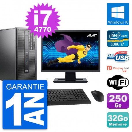 PC Tour HP 600 G1 Ecran 22" Intel i7-4770 RAM 32Go Disque 250Go Windows 10 Wifi