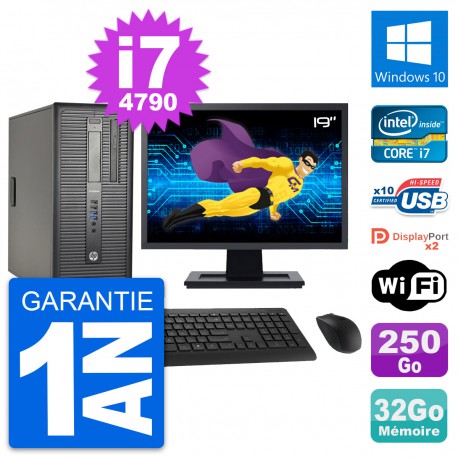 PC Tour HP 600 G1 Ecran 19" Intel i7-4790 RAM 32Go Disque 250Go Windows 10 Wifi