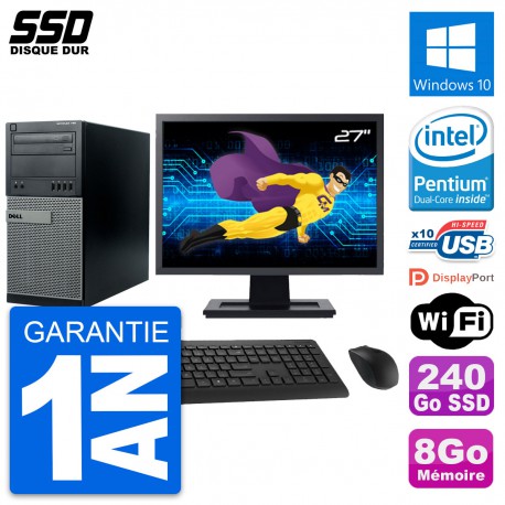 PC Tour Dell 790 MT Ecran 27" Intel G630 RAM 8Go SSD 240Go Windows 10 Wifi