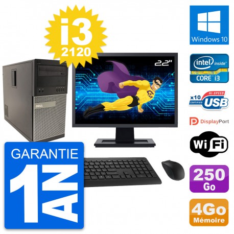 PC Tour Dell 790 MT Ecran 22" Intel i3-2120 RAM 4Go Disque 250Go Windows 10 Wifi