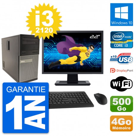 PC Tour Dell 790 MT Ecran 22" Intel i3-2120 RAM 4Go Disque 500Go Windows 10 Wifi