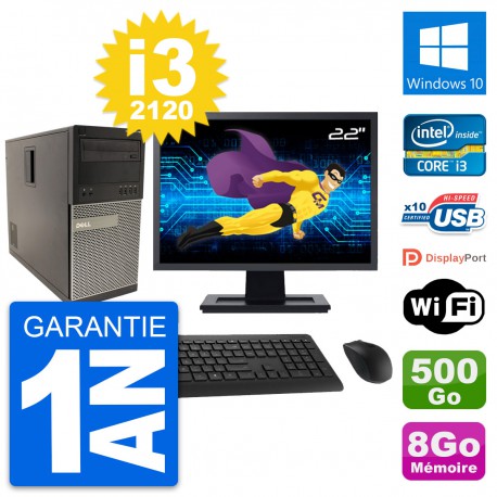 PC Tour Dell 790 MT Ecran 22" Intel i3-2120 RAM 8Go Disque 500Go Windows 10 Wifi