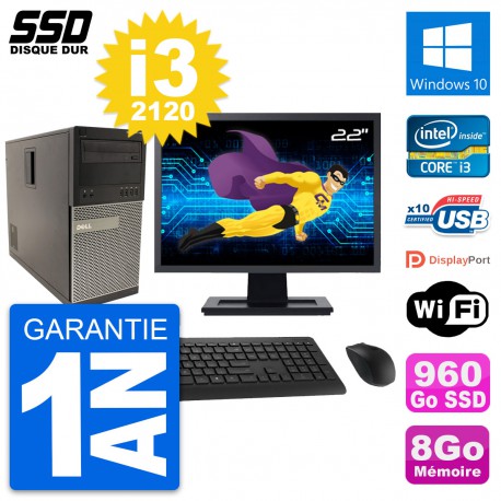PC Tour Dell 790 MT Ecran 22" Intel i3-2120 RAM 8Go SSD 960Go Windows 10 Wifi