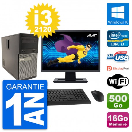 PC Tour Dell 790 MT Ecran 22" Core i3-2120 RAM 16Go Disque 500Go Windows 10 Wifi