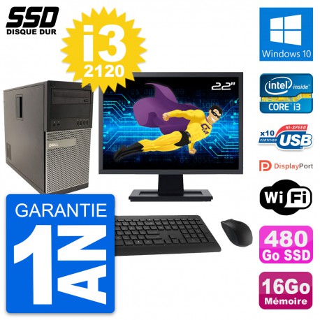 PC Tour Dell 790 MT Ecran 22" Intel i3-2120 RAM 16Go SSD 480Go Windows 10 Wifi