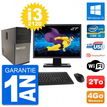 PC Tour Dell 790 MT Ecran 27" Intel i3-2120 RAM 4Go Disque 2To Windows 10 Wifi