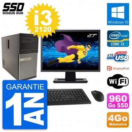 PC Tour Dell 790 MT Ecran 27" Intel i3-2120 RAM 4Go SSD 960Go Windows 10 Wifi