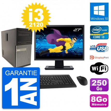 PC Tour Dell 790 MT Ecran 27" Intel i3-2120 RAM 8Go Disque 250Go Windows 10 Wifi