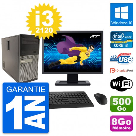 PC Tour Dell 790 MT Ecran 27" Intel i3-2120 RAM 8Go Disque 500Go Windows 10 Wifi