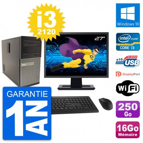PC Tour Dell 790 MT Ecran 27" Core i3-2120 RAM 16Go Disque 250Go Windows 10 Wifi