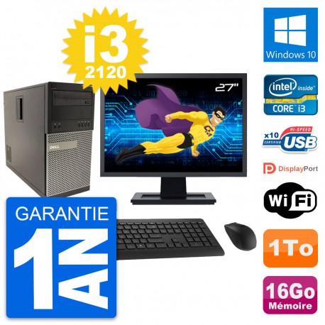 PC Tour Dell 790 MT Ecran 27" Intel i3-2120 RAM 16Go Disque 1To Windows 10 Wifi
