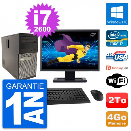 PC Tour Dell 790 MT Ecran 19" Intel i7-2600 RAM 4Go Disque 2To Windows 10 Wifi
