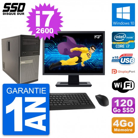 PC Tour Dell 790 MT Ecran 19" Intel i7-2600 RAM 4Go SSD 120Go Windows 10 Wifi