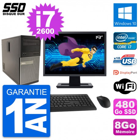 PC Tour Dell 790 MT Ecran 19" Intel i7-2600 RAM 8Go SSD 480Go Windows 10 Wifi