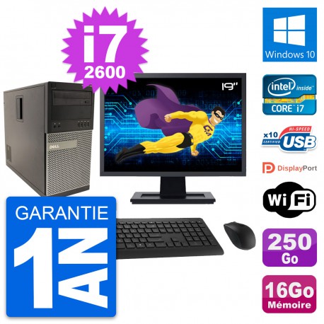 PC Tour Dell 790 MT Ecran 19" Core i7-2600 RAM 16Go Disque 250Go Windows 10 Wifi